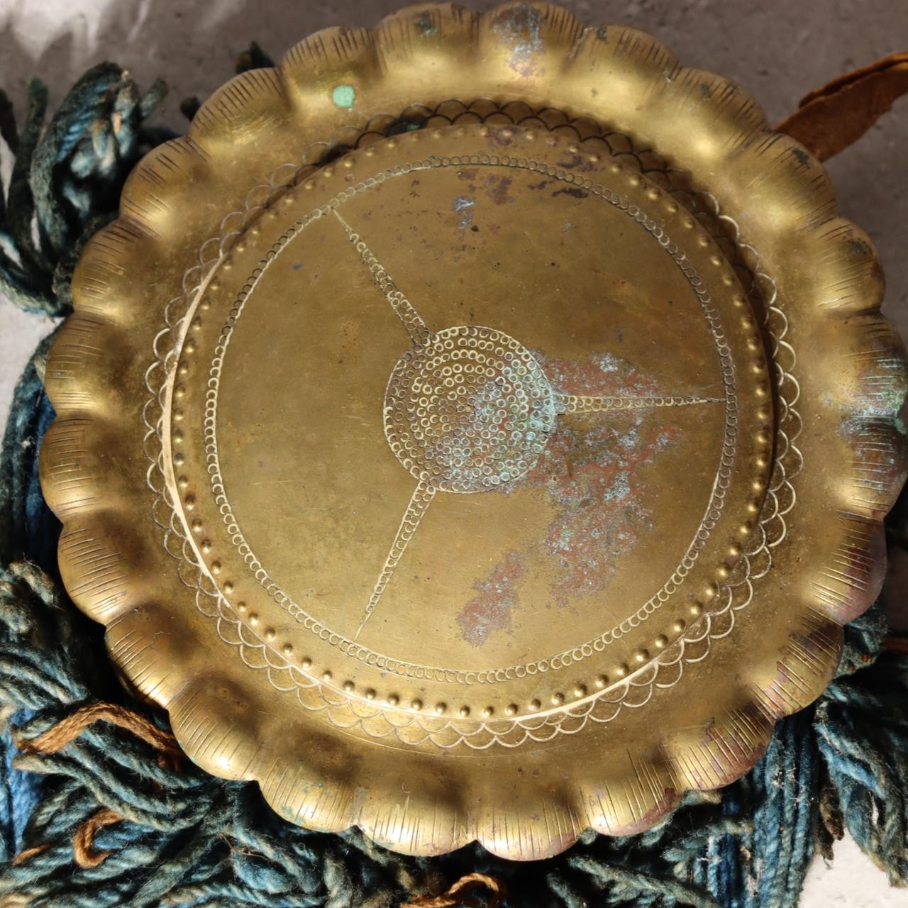 Antique Edo Period Japanese Horse Tack Ornament Brass Bells Blue Cords BOSa142