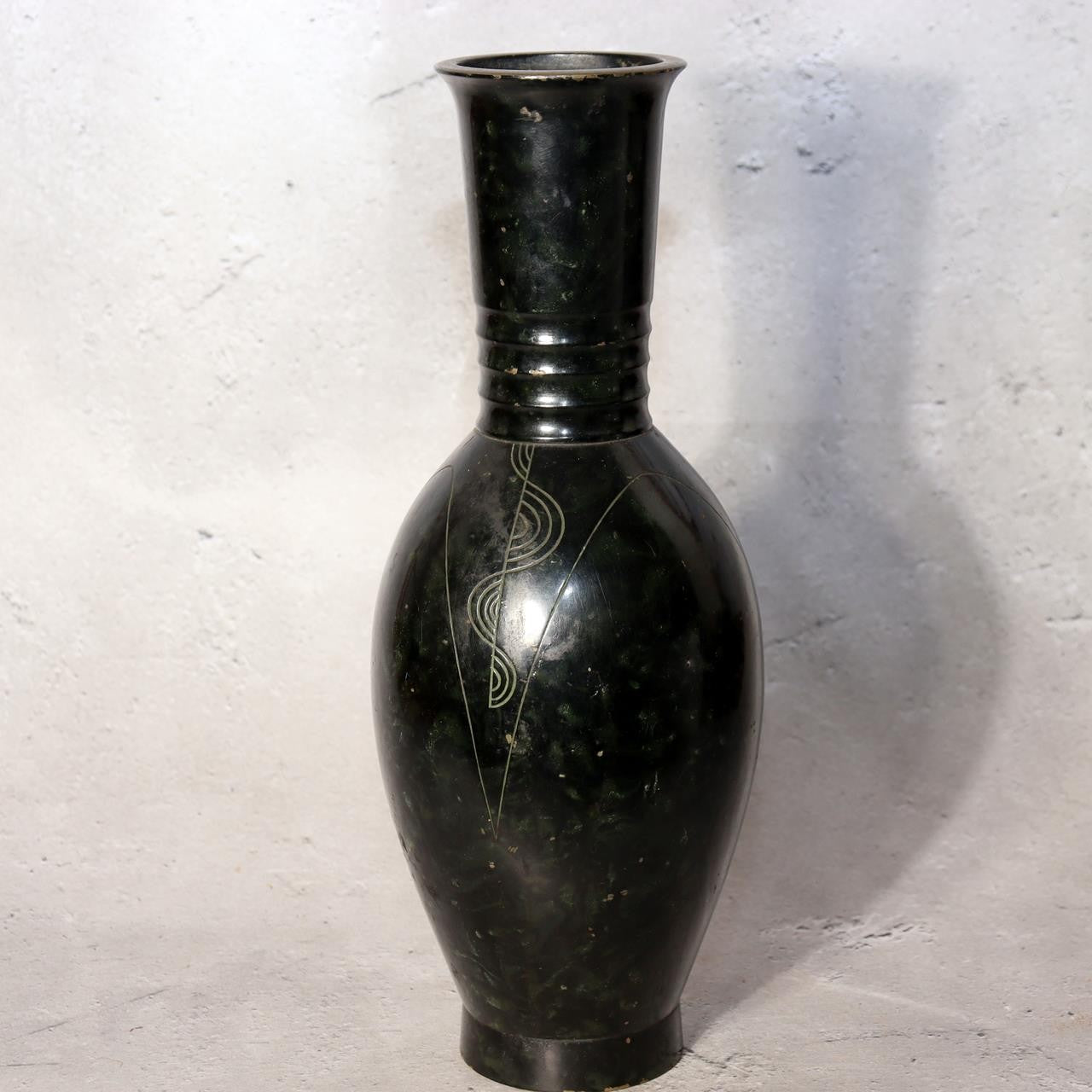 Vintage Japanese Bronze Vase Crane Neck Engraved Geometric Pattern Showa 19591