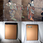 Vintage Japanese Byobu 2 Panel Room Divider Painted Figures Floral3