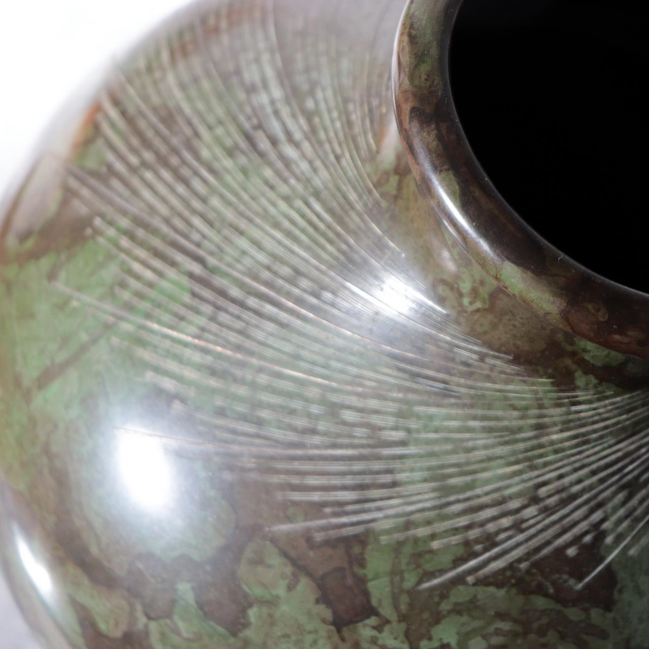 Japanese Bronze Vase Mottled Green Patina Engraved Lines Shimpo BV77114