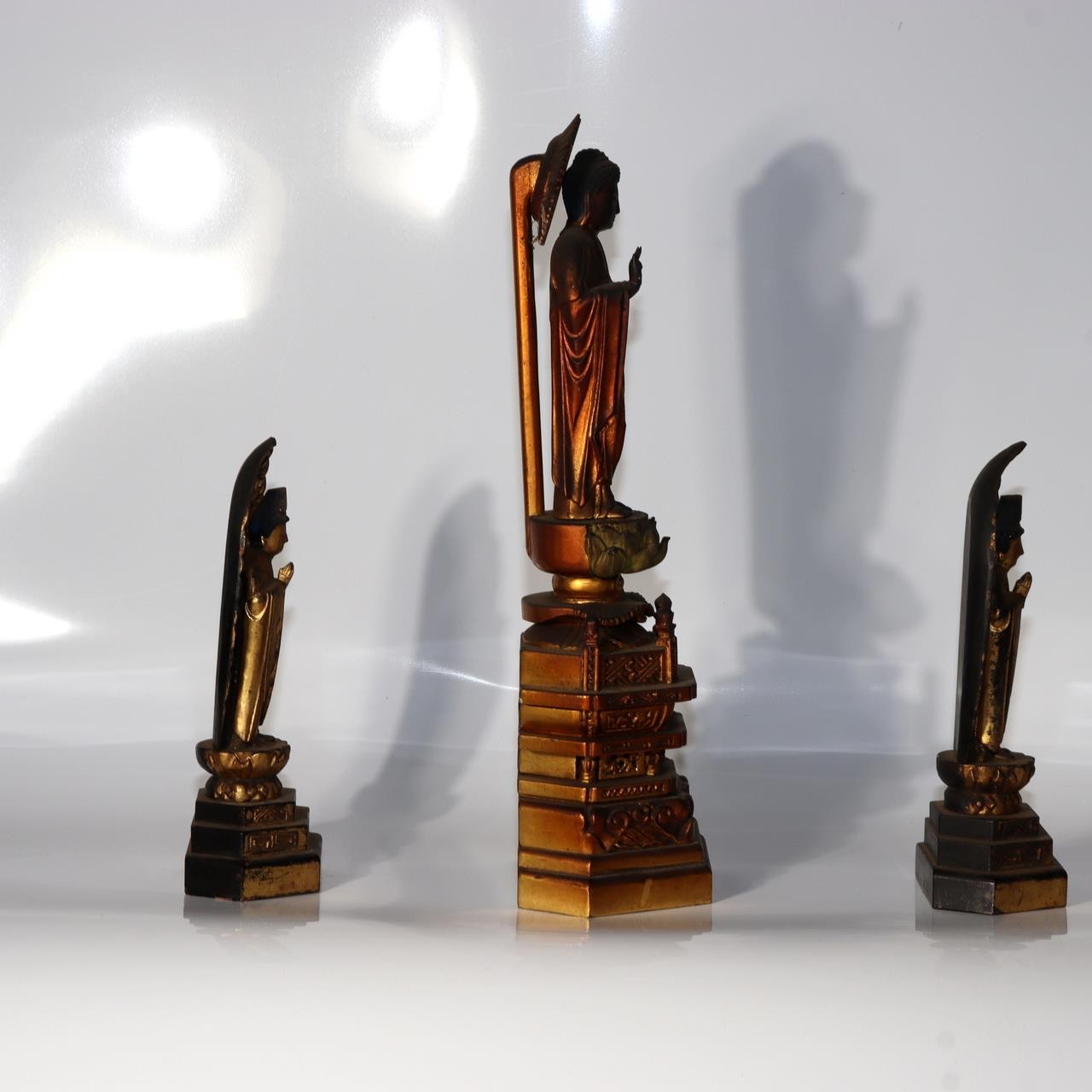 Japanese Vintage Amida Sanzon Buddhist Statue Set 3pc Gilt Wood 28.6cm Zen BT2444