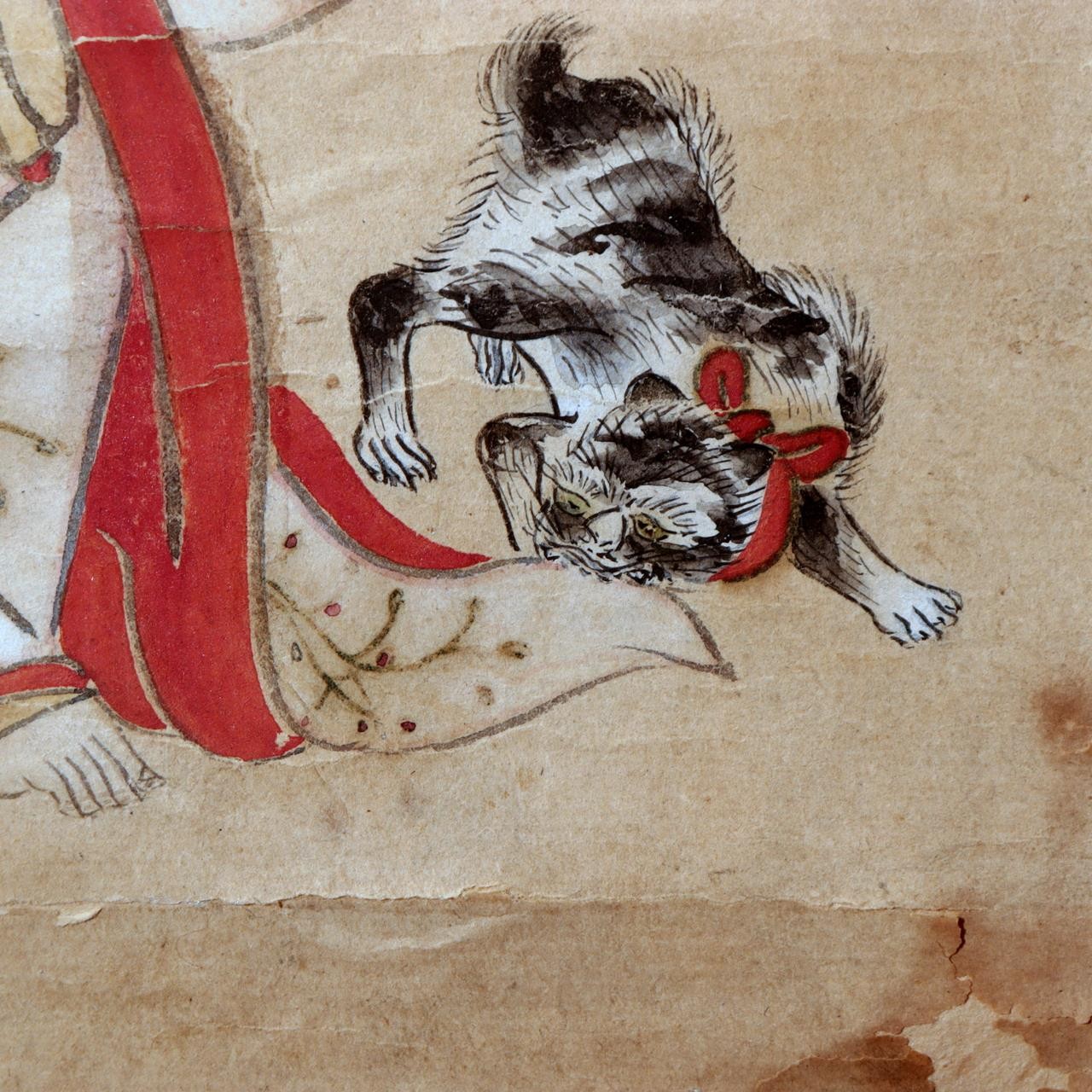 Edo Antique Paper Hanging Scroll Bijinga Hand Painted Woman Cat ASO4482