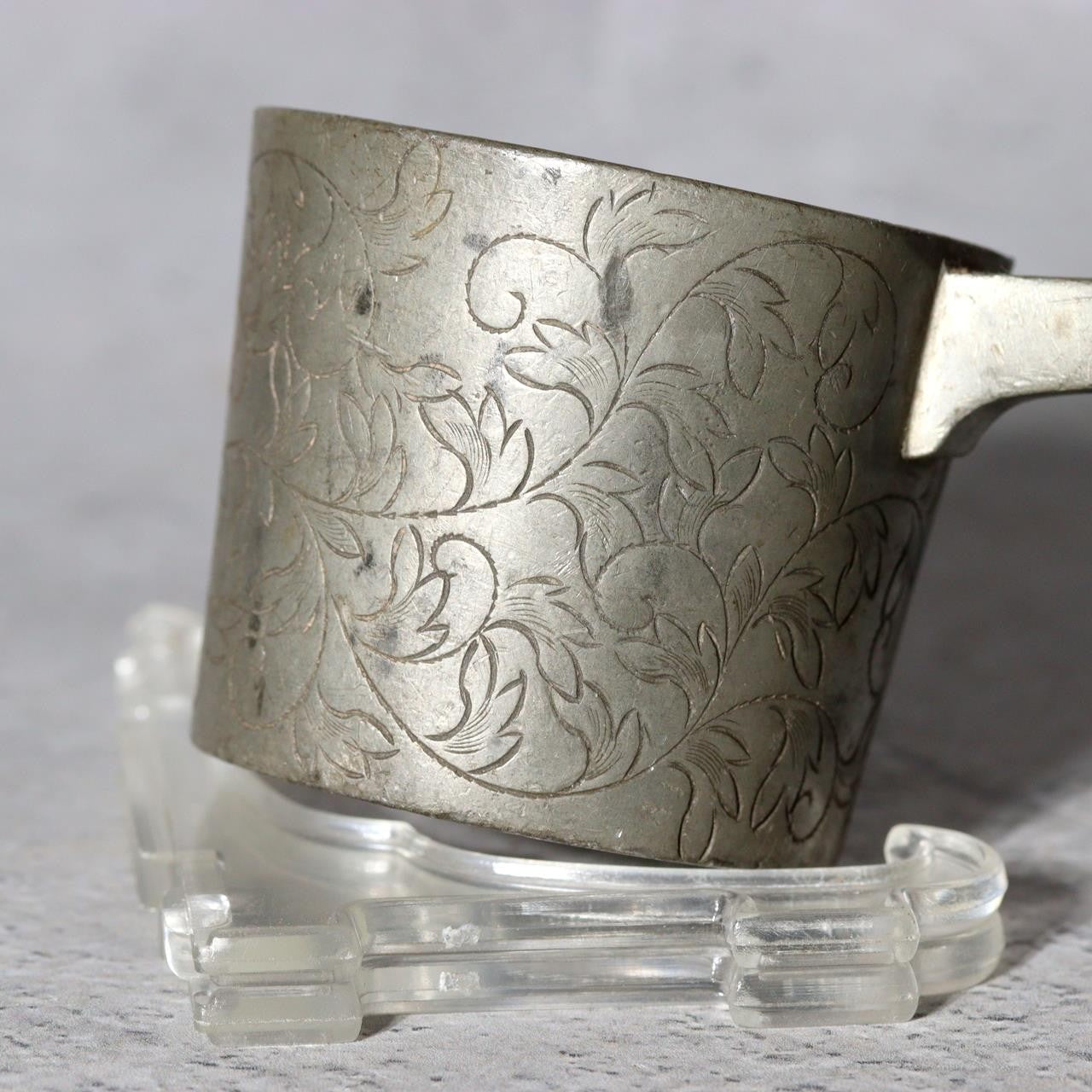 Antique Japanese Pewter Bajou-Shaku Samurai Horseback Sake Ladle Cup Engraved1