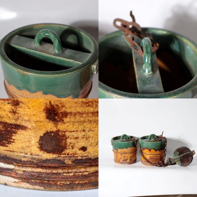 Antique Japanese Mino Oribe Ceramic Well Pulley & Tsurube Buckets SCBP4714