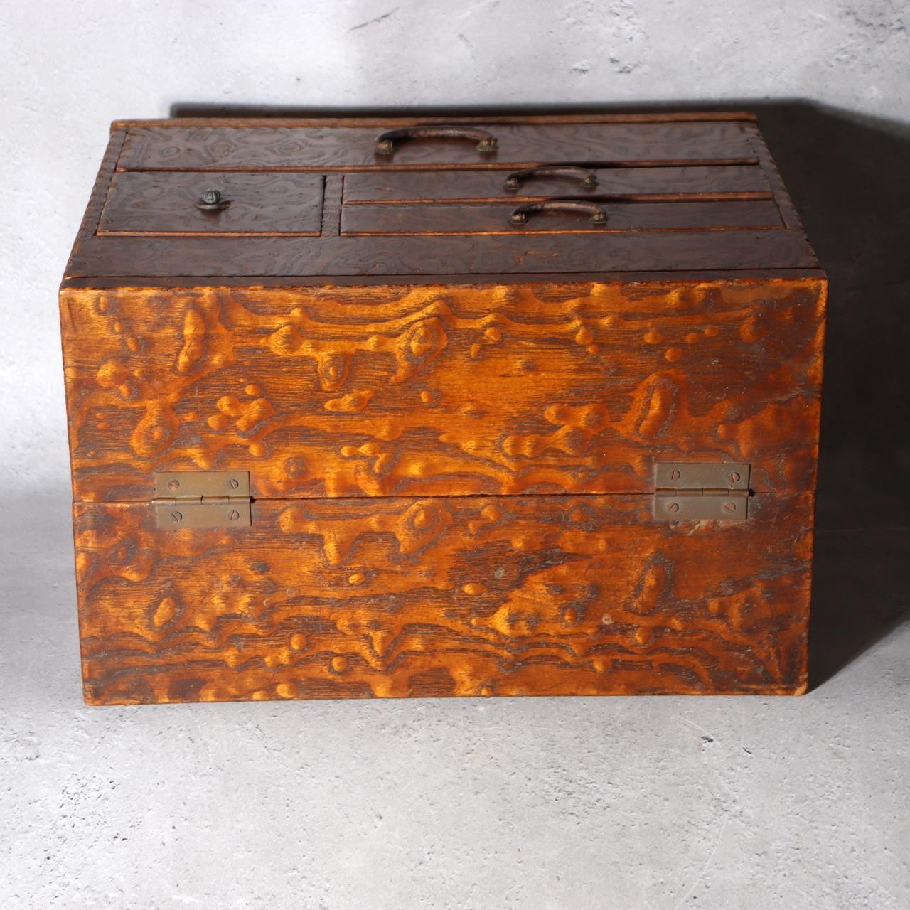 Vintage Japanese Haribako Sewing Box - Burl Wood Grain Showa Retro Multi-Drawer2