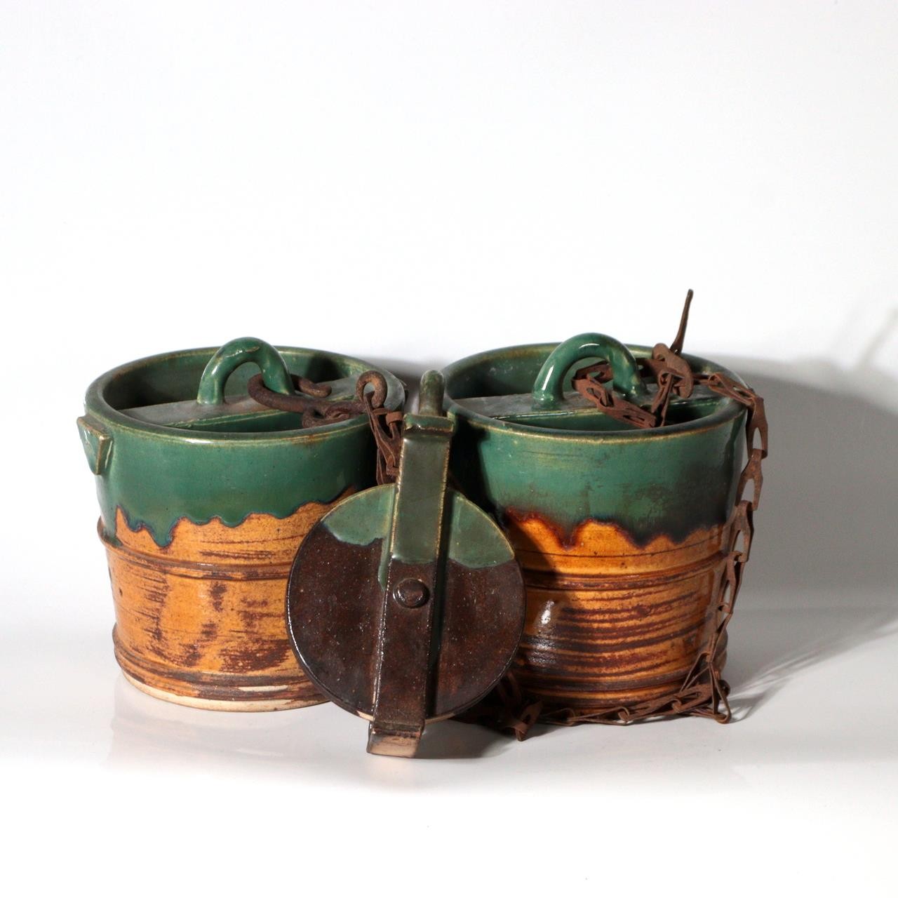 Antique Japanese Mino Oribe Ceramic Well Pulley & Tsurube Buckets SCBP471