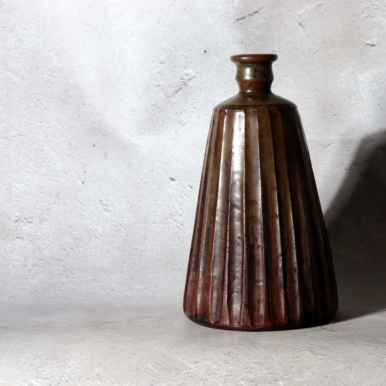 Antique Edo Tanba Ware Shinogi Ribbed Stoneware Flower Vase Bakumatsu Japan2