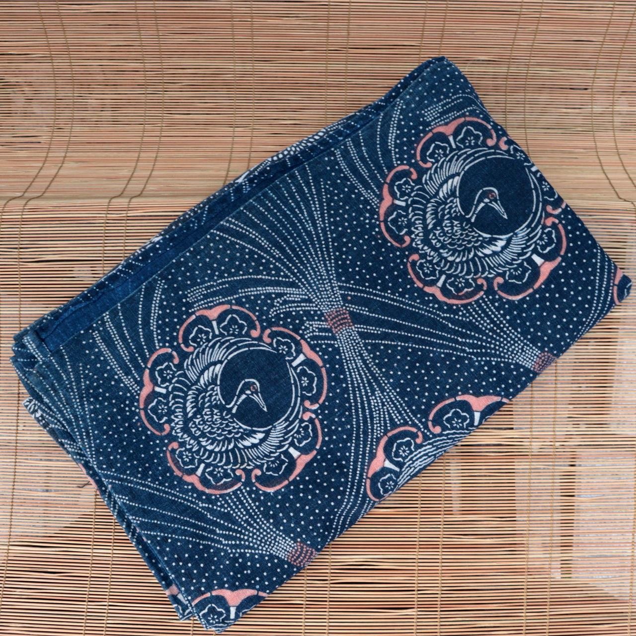 Antique Japanese Indigo Katazome Cotton Fabric Crane Turtle Chrysanthemum2