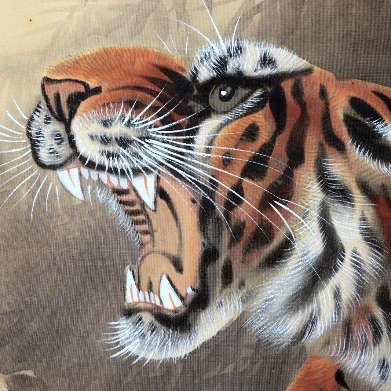 Vintage Japanese Hanging Scroll Kakejiku Roaring Tiger Signed Matsukane ASO4592