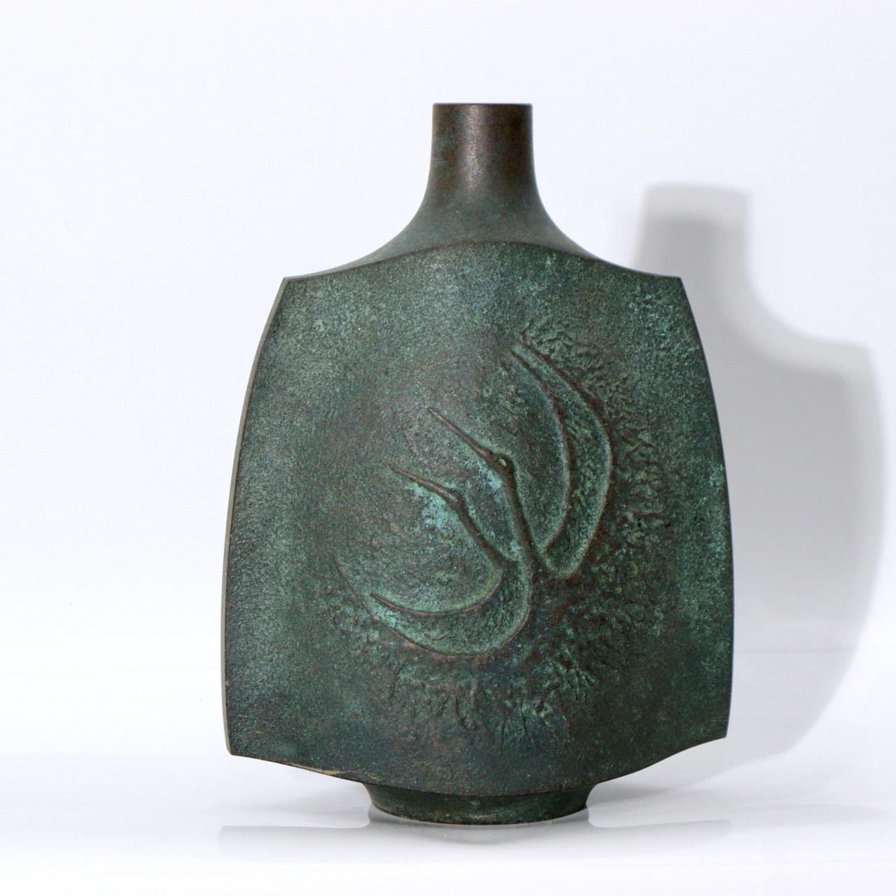 Japanese Takaoka Bronze Vase Mitsuru Obaka Relief Tomobako BV7672