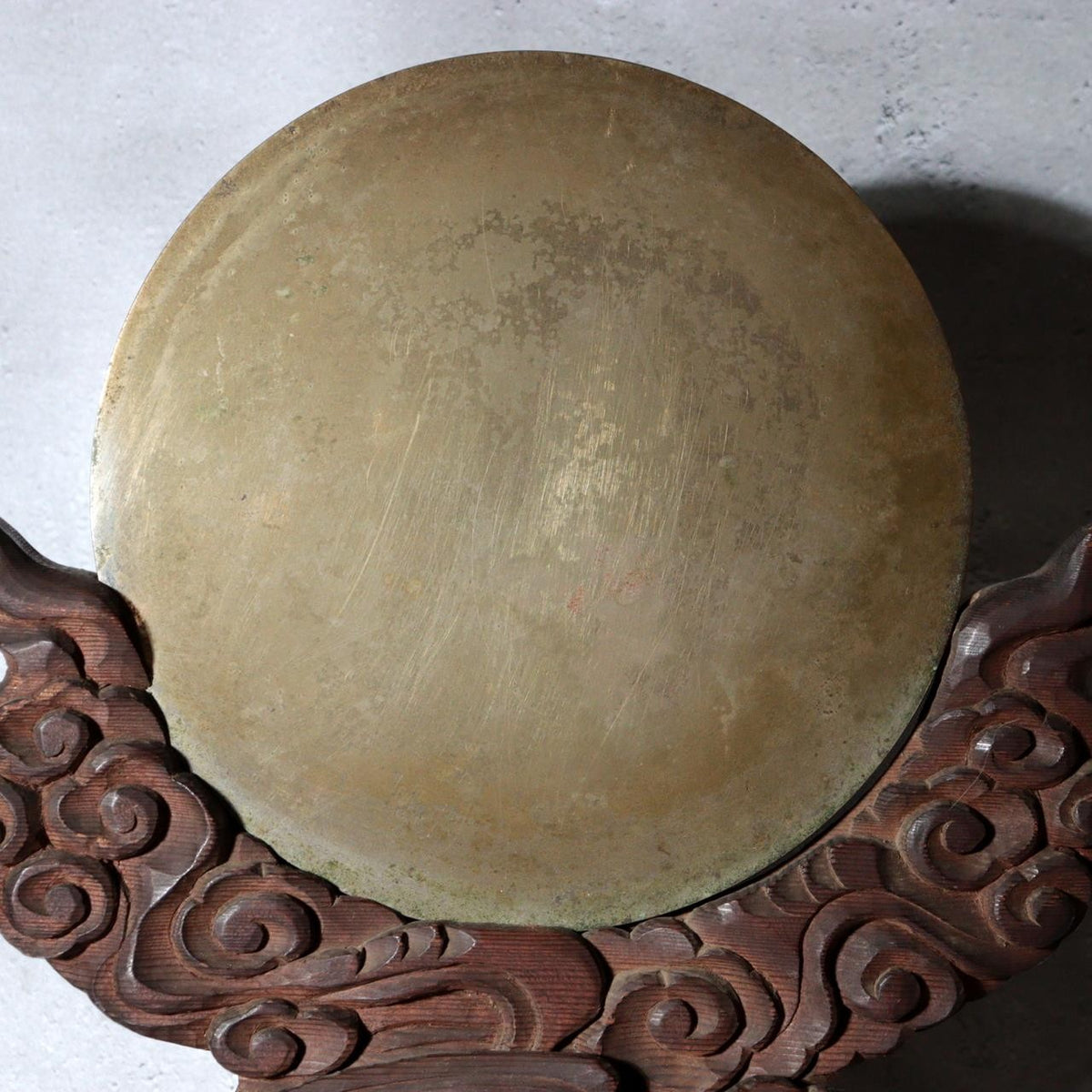 Antique Japanese Shinto Shrine Bronze Mirror Shinkyo Wooden Stand BOSa6611