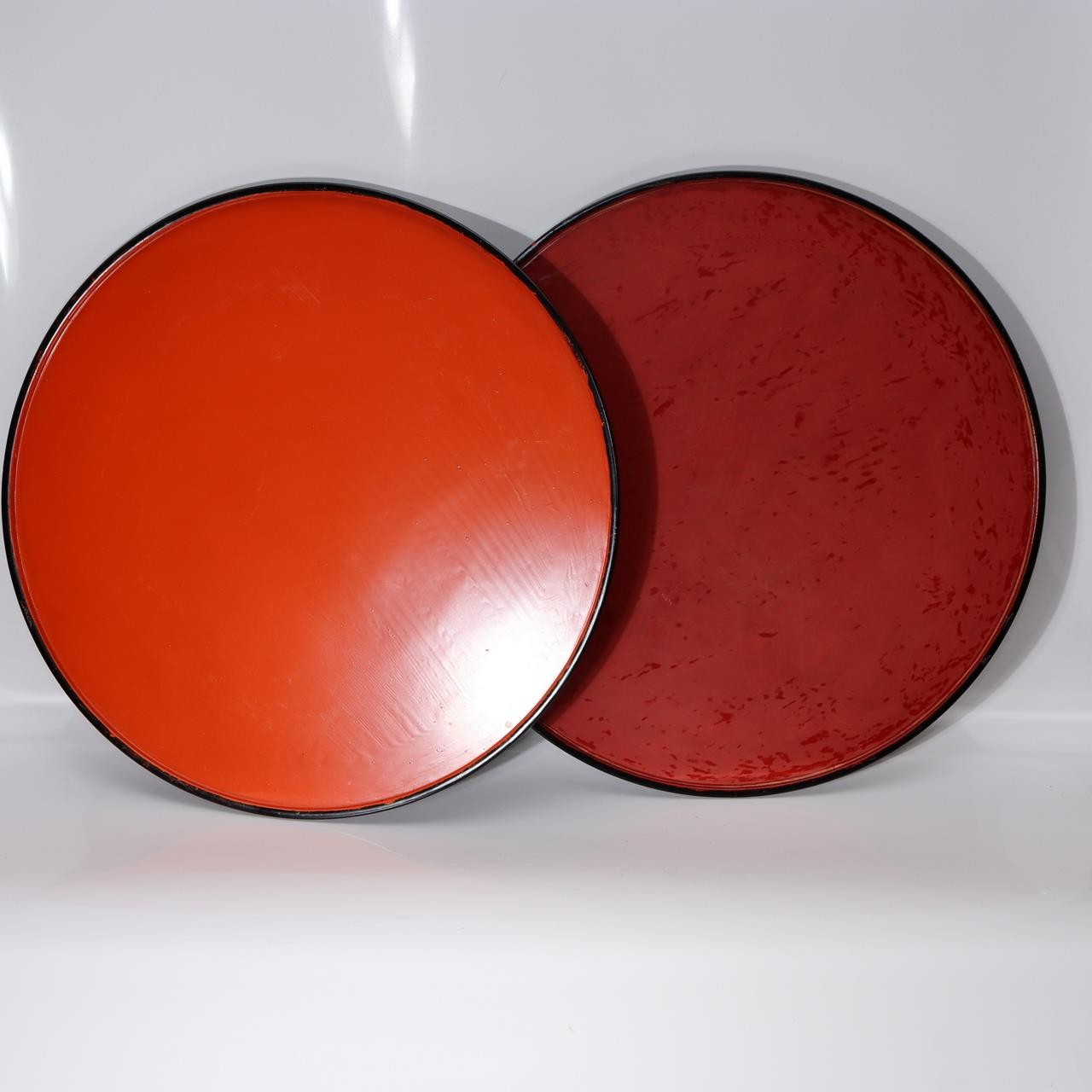 Vintage Aizu Lacquer Round Wooden Serving Tray Plates Red Black Set of 2 Japanes0