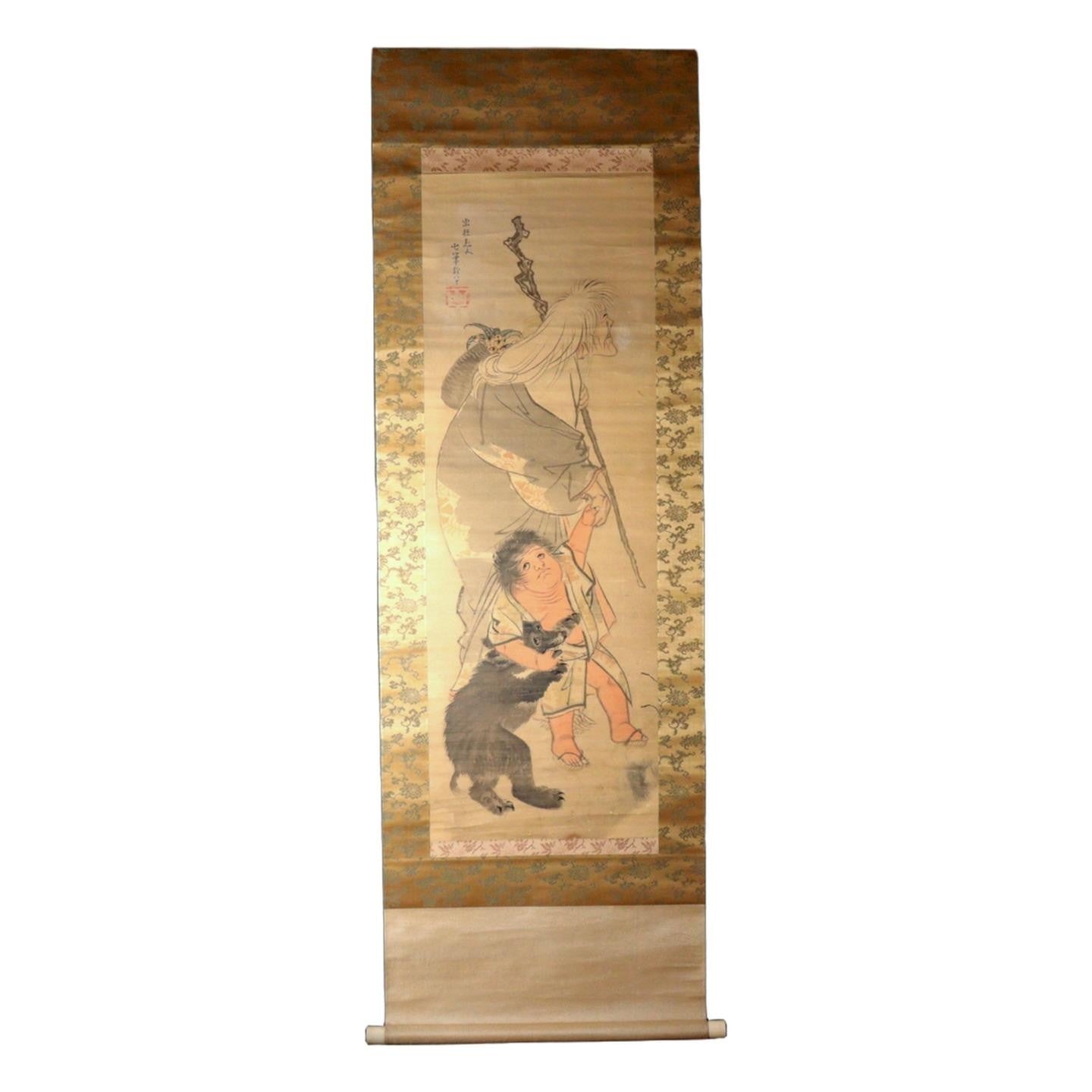 Japanese Hanging Scroll Kakejiku Kintaro Yamauba Bear Hokusai Reproduction3