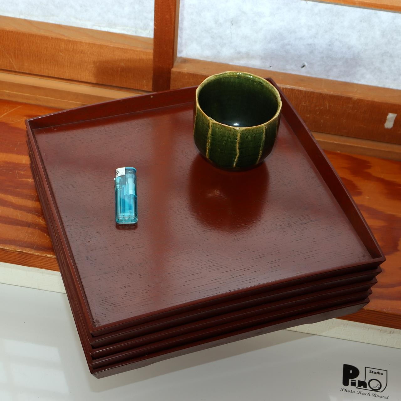 Japanese Vintage Lacquer Tray Obon Square Set of 5 Simple Wood Grain Reddish Bro3