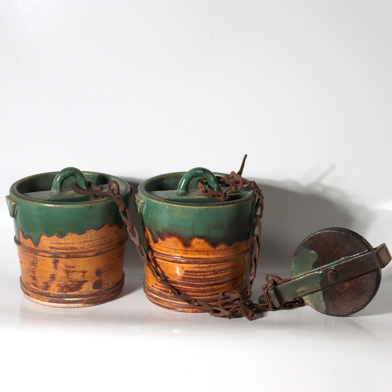 Antique Japanese Mino Oribe Ceramic Well Pulley & Tsurube Buckets SCBP470