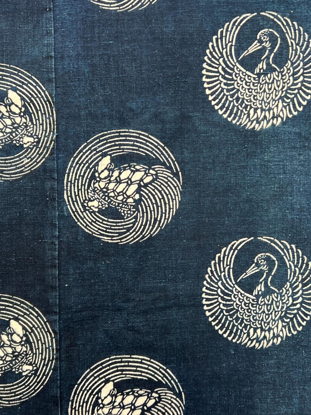 Meiji Period Japanese Indigo Katazome Cotton Fabric Crane Turtle BRKW17822