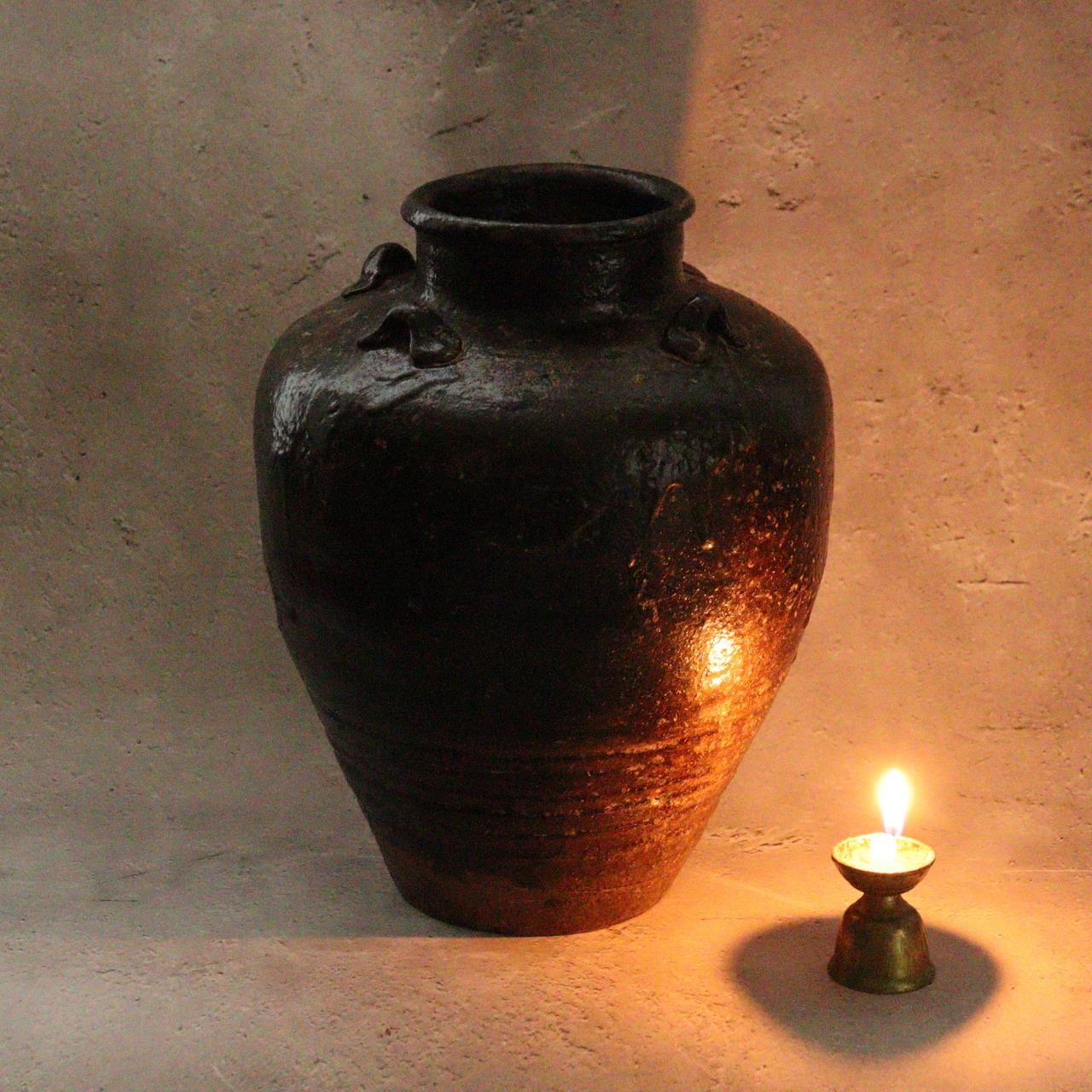 Antique Japanese Shiga Folk Kiln Pottery Iron Glaze Shiji-ko Four-Lug Jar PV3112
