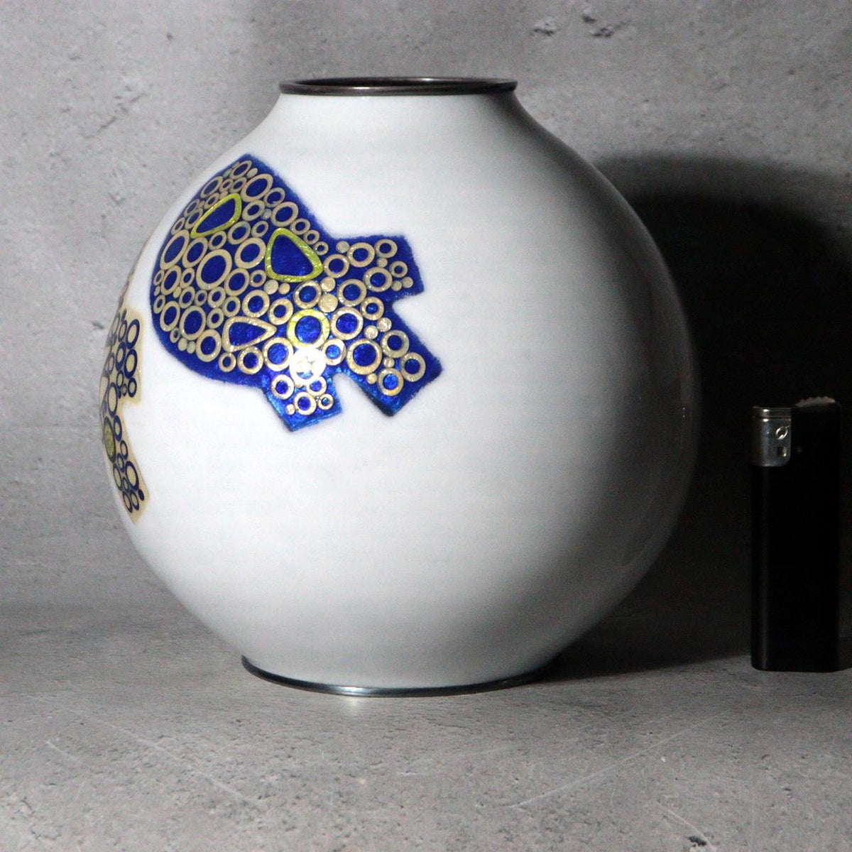 Japanese Cloisonne Enamel Silver Rim Vase Hiroaki Ota Abstract Motif Tomobako7