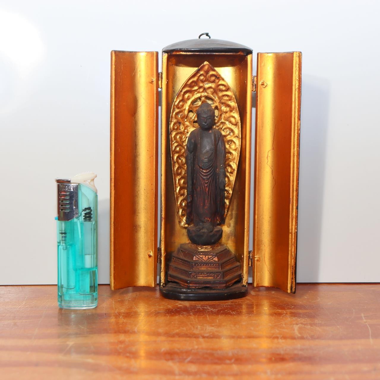 Antique Japanese Wood-Carved Standing Amida Nyorai Buddha Statue with Portable0