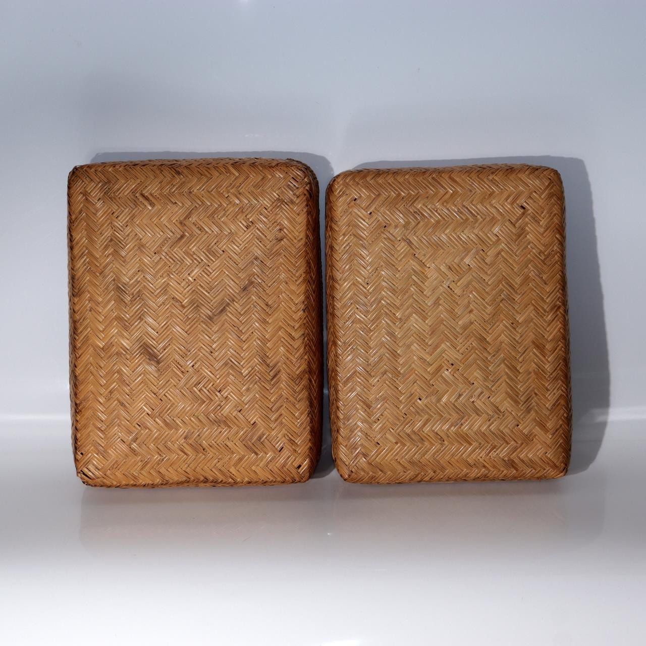 Vintage Japanese Woven Bamboo Box Rectangular Basket Lid Case BVO723