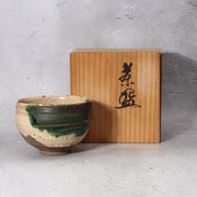 Japanese Seto-Oribe Matcha Tea Bowl Emerald Green Crackle Glaze Chawan Sidned9