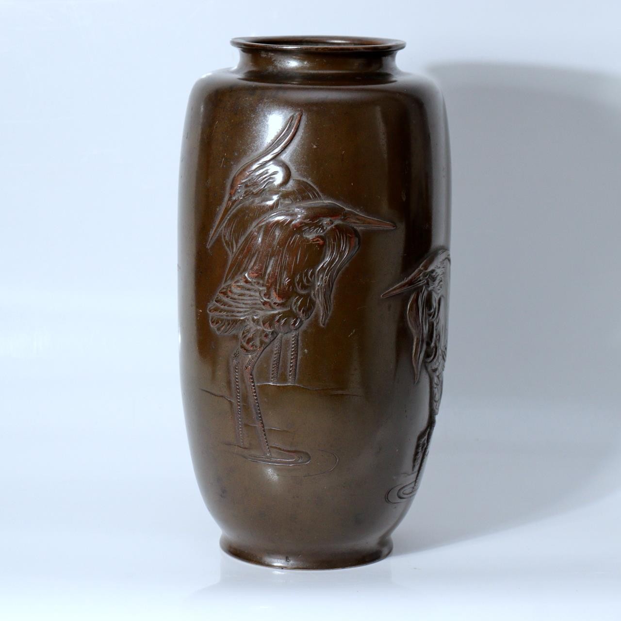 Antique Japanese Bronze Vase with Three Herons – Dated Wooden Box, 19314