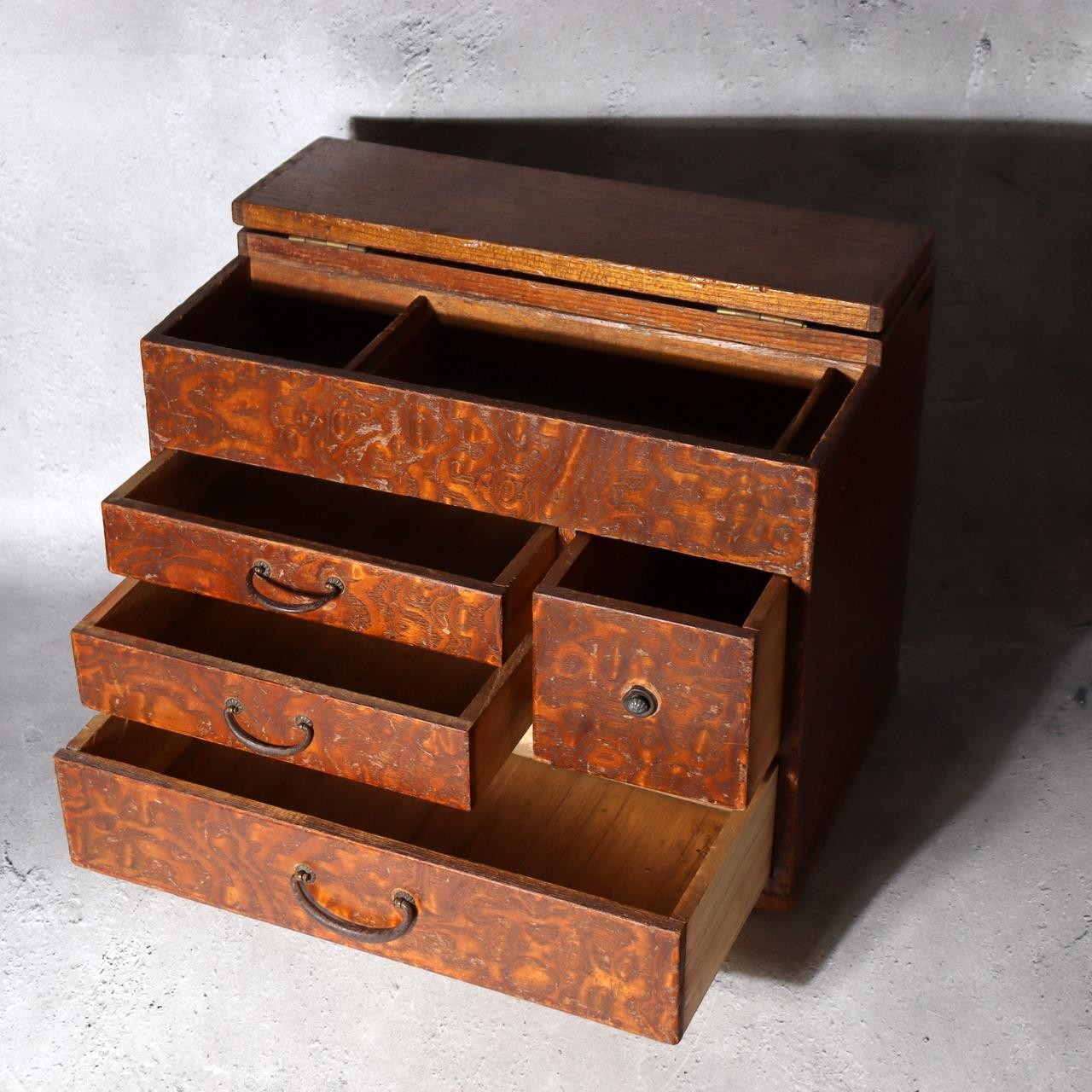 Vintage Japanese Haribako Sewing Box - Burl Wood Grain Showa Retro Multi-Drawer1