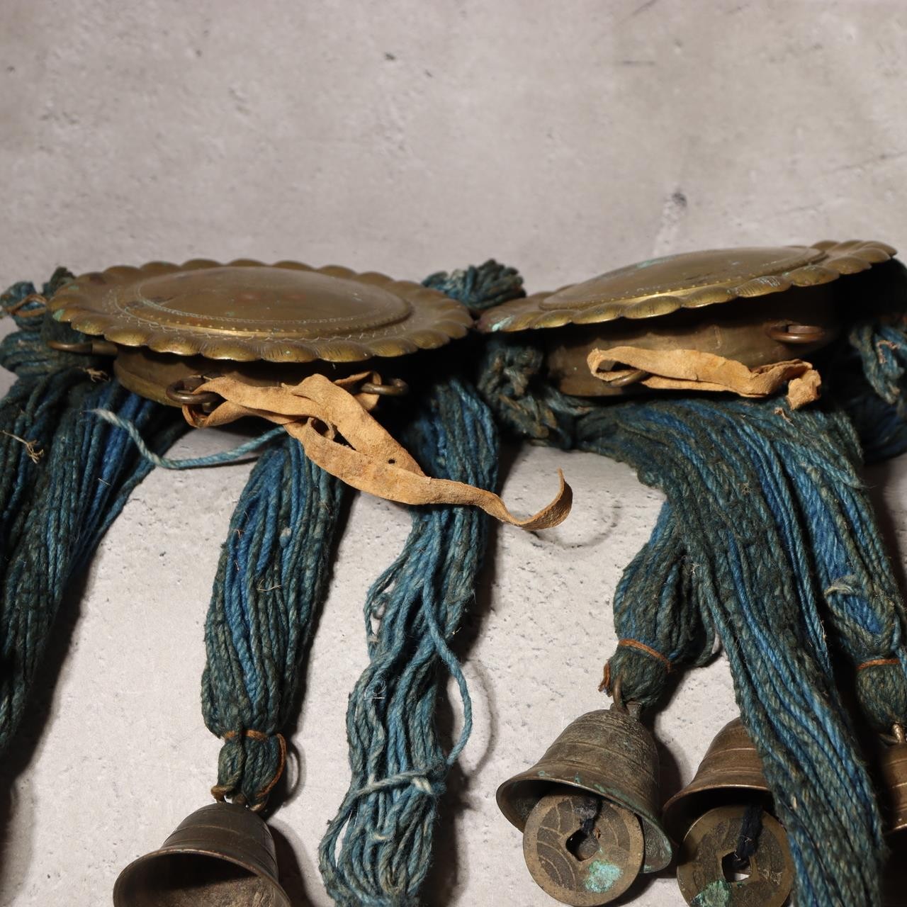 Antique Edo Period Japanese Horse Tack Ornament Brass Bells Blue Cords BOSa149