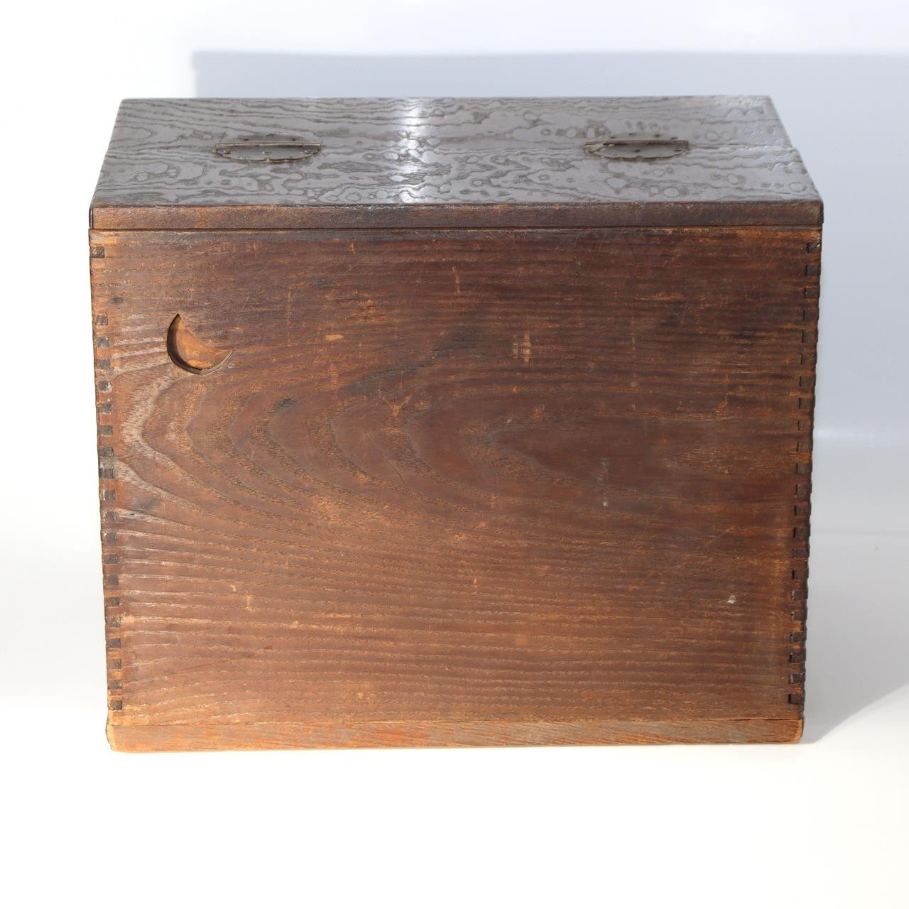 Antique Japanese Haribako Sewing Box Meiji Keyaki/Tamo Wood Brass Hardware Drawe4