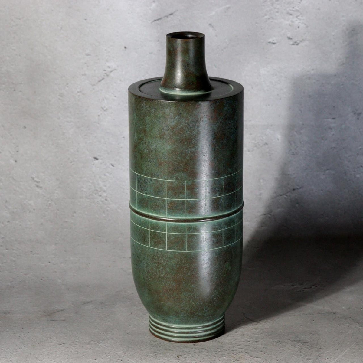 Vintage Japanese Bronze Vase Shugoro Hasuda Grid Pattern Tomobako0