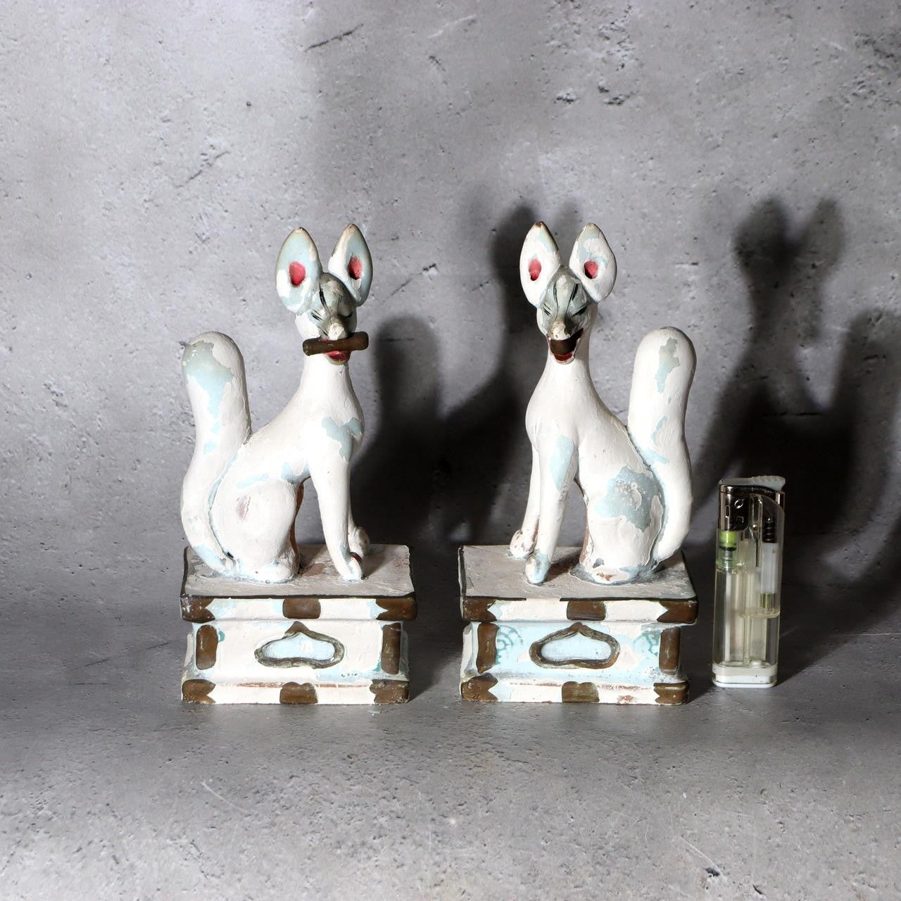 Pair of Vintage Japanese Clay Inari Fox Statues Traditional Gofun Finish Temple6