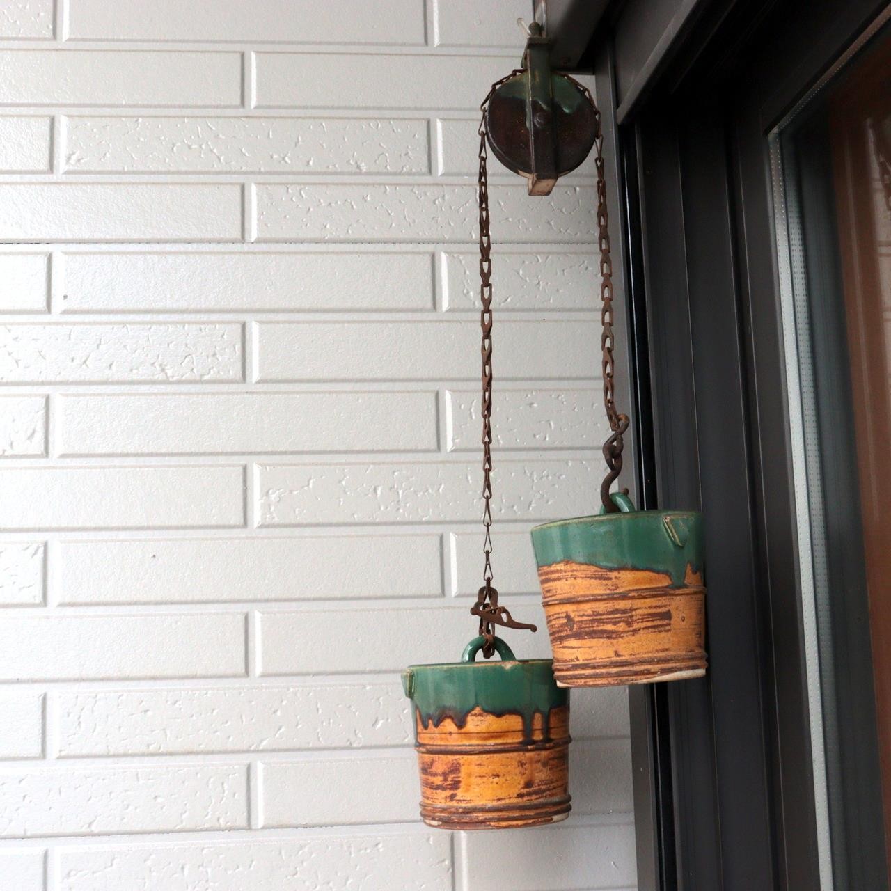 Antique Japanese Mino Oribe Ceramic Well Pulley & Tsurube Buckets SCBP472