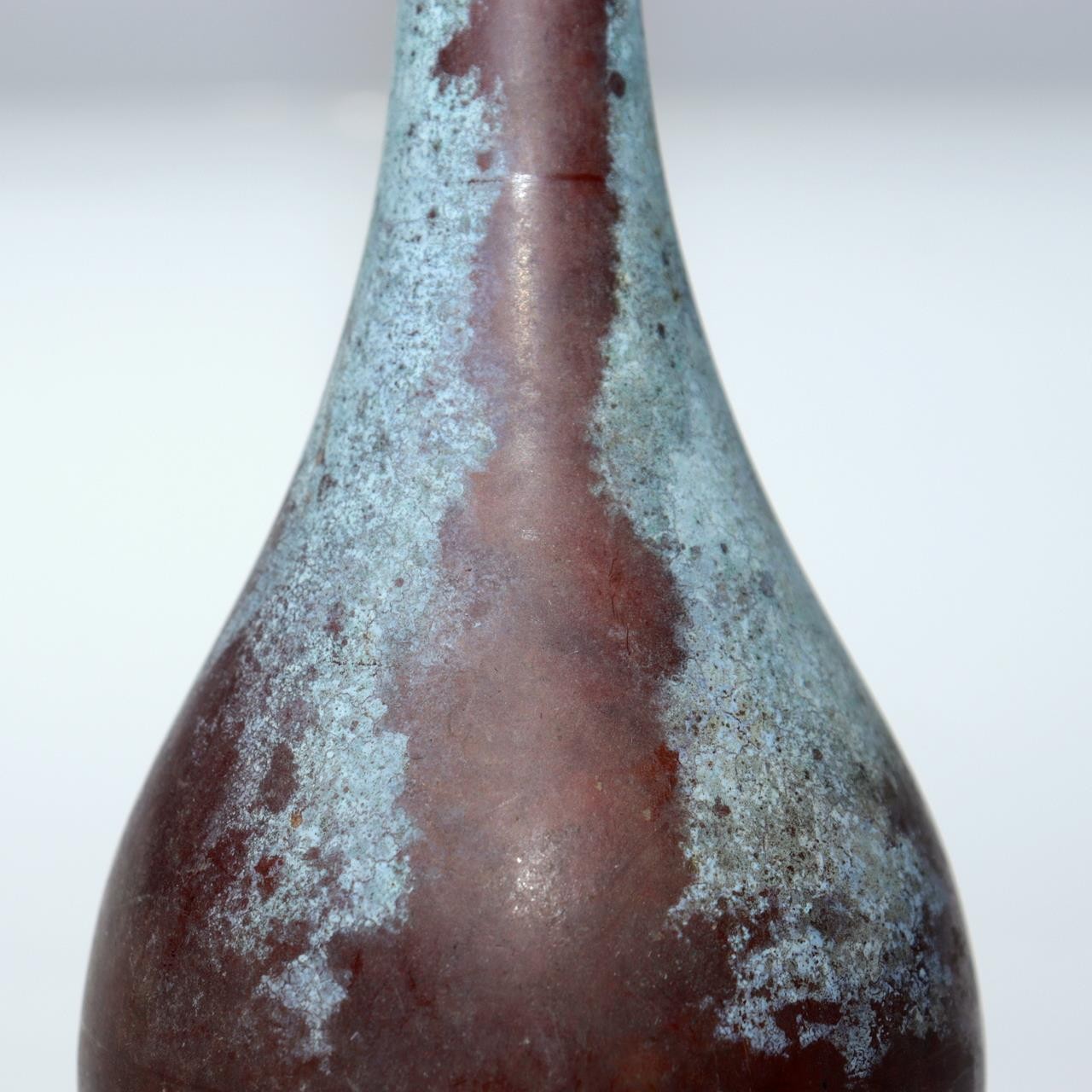 Japanese Vintage Bronze Tsurukubi Flower Vase Long Neck Green Patina Finish8