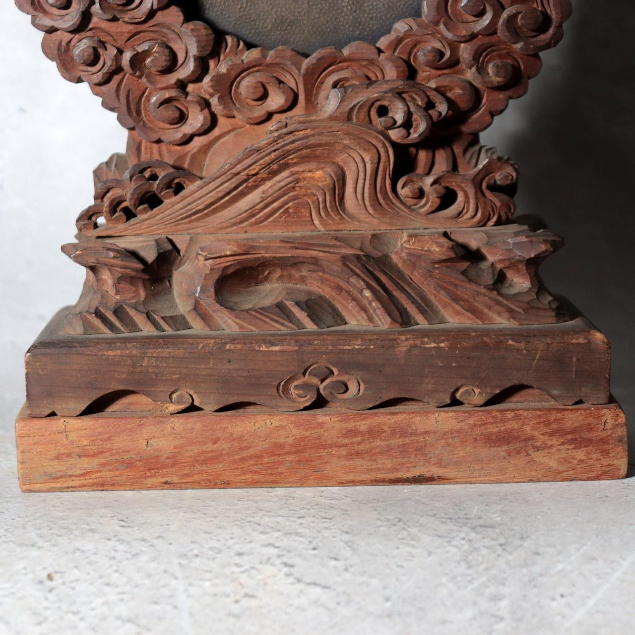 Japanese Antique Shinto Shinkyo Sacred Mirror Wooden Stand Bronze Alloy BOSa679