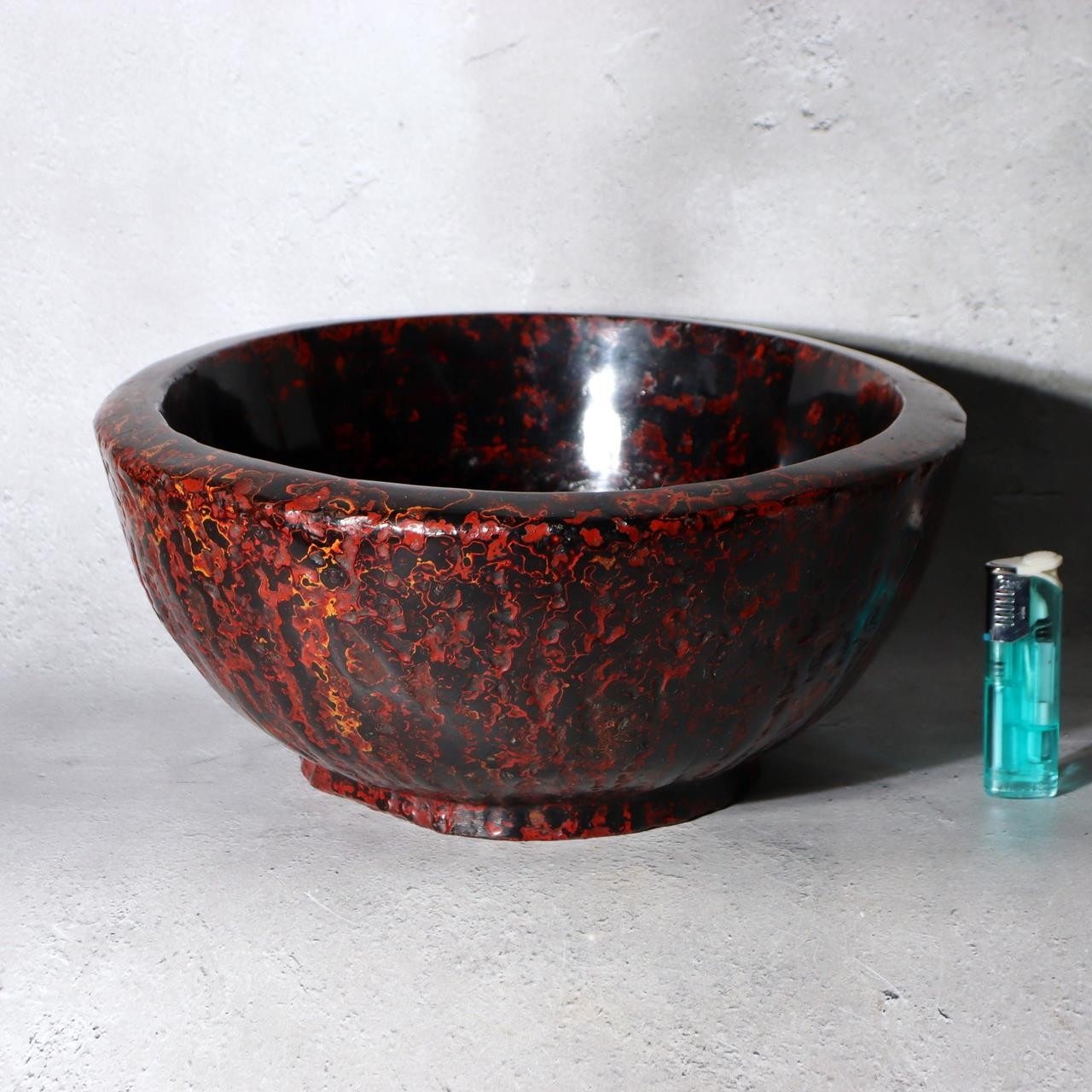 Vintage Large Japanese Aizu Lacquerware Wood Bowl  Mottled Red & Black 29cm1