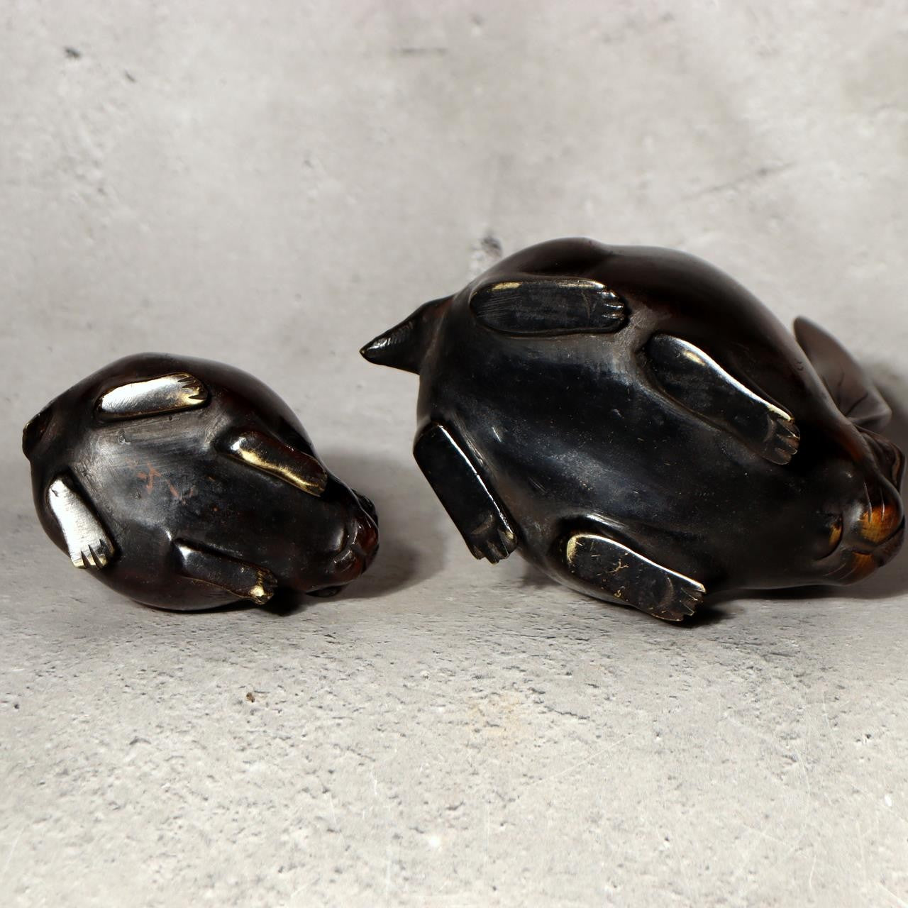 Japanese Bronze Rabbit Pair Okimono Statue Figurine Mottled Red Patina Zen2