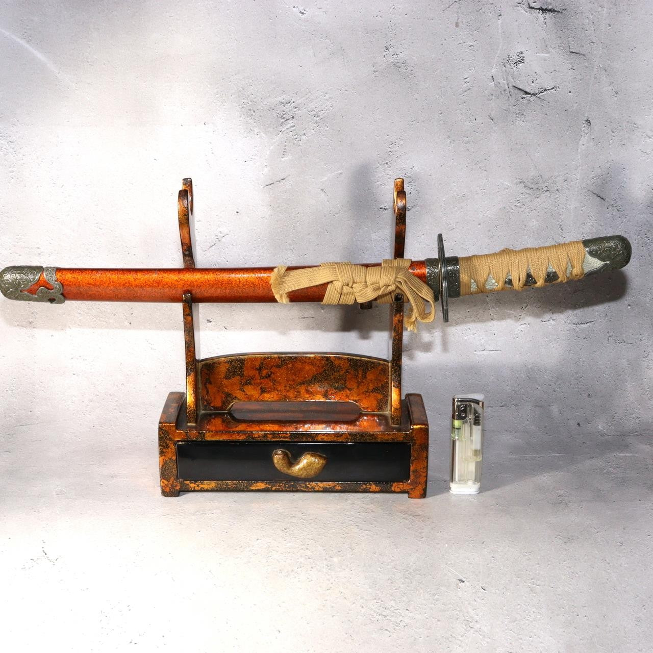 Japanese Wood Lacquer Mini Tanto Sword Stand Katanakake Drawer 25cm WO5542