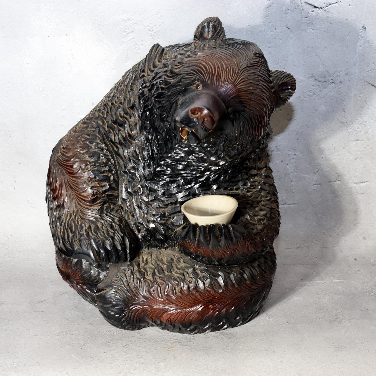 Huge Japanese Ainu Wood Carved Bear - Kibori Kuma holding Sake Cup 4.3kg WO5830