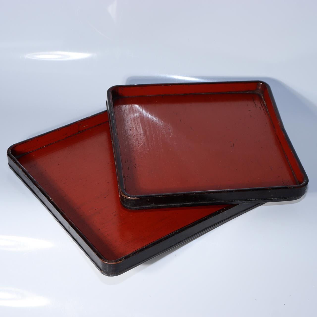 Antique Japanese Aizu Lacquer Square Wooden Serving Tray Set of 2 WO6070