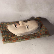 Japanese Antique Wooden Mask Female Woman Noh Kagura Style & Brocade Bag MSK5265
