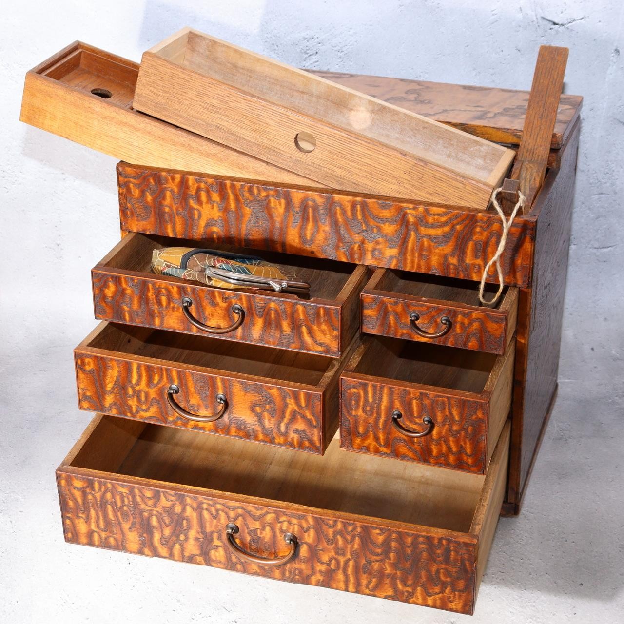 Vintage Japanese Tamo Wood Sewing Box Haribako Full Burl Grain Chest WO6066