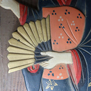 Japanese Antique Wooden Relief Panel — Geisha / Oiran Beauty with Fan Kanban8