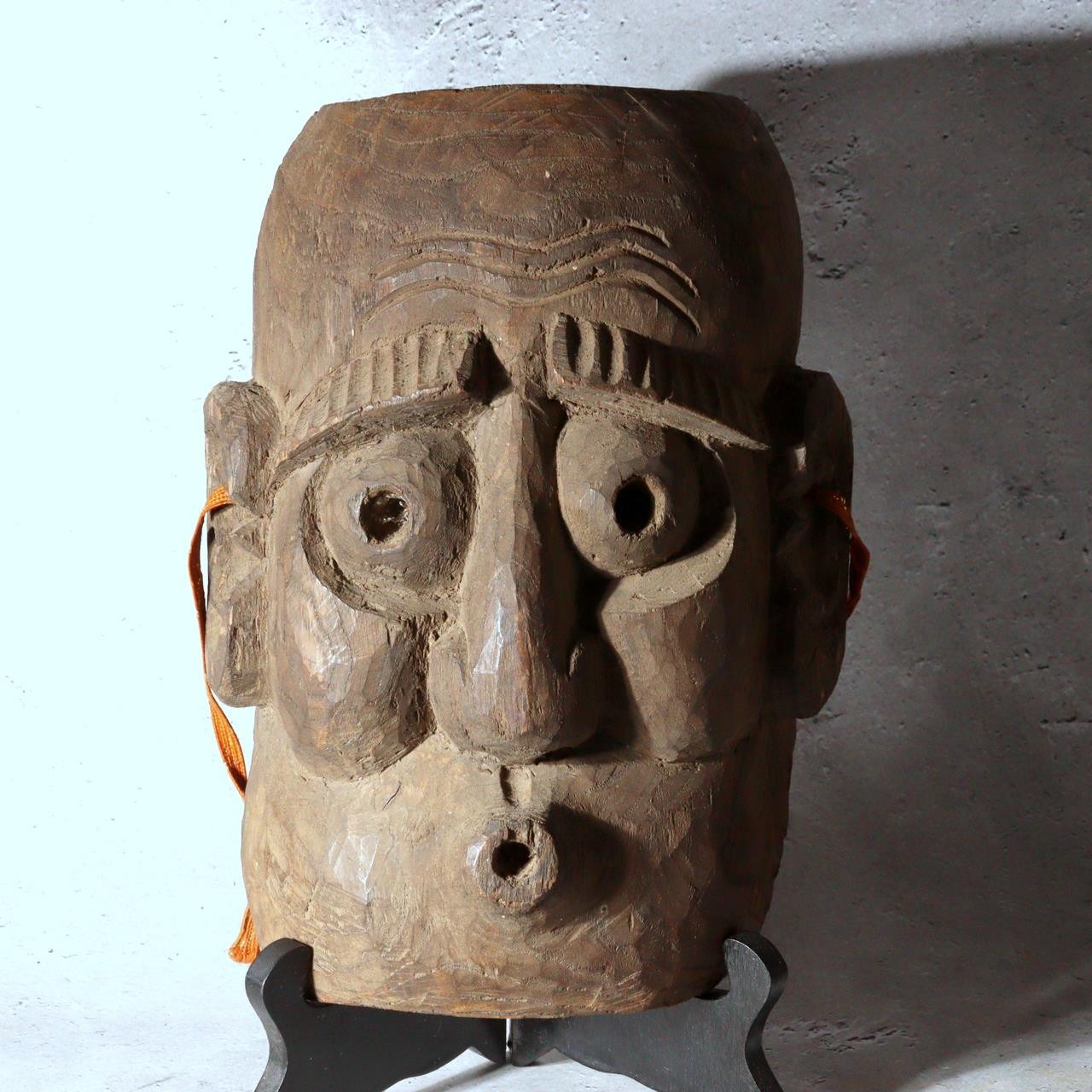 Japanese Antique Wood Carved Mask Usobuki Hyottoko Kyogen Folk Art 23cm1