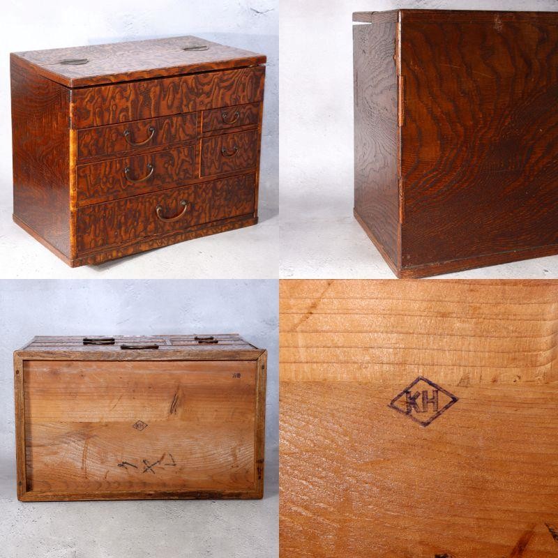 Vintage Japanese Tamo Wood Sewing Box Haribako Full Burl Grain Chest WO60612