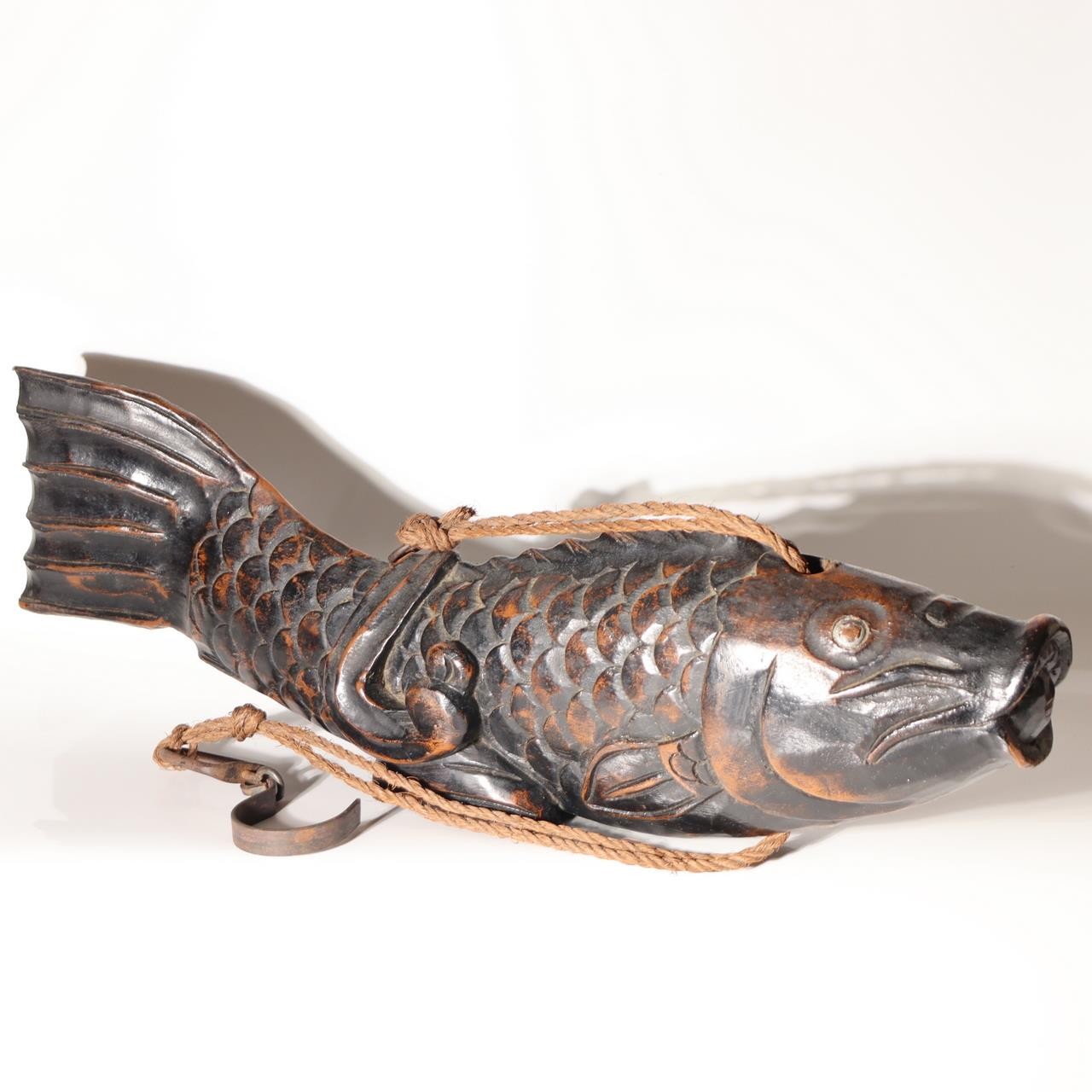 Japanese Vintage  Wood Carved Fish Jizaikagi Yokogi Hearth Hook Crossbar Mingei1