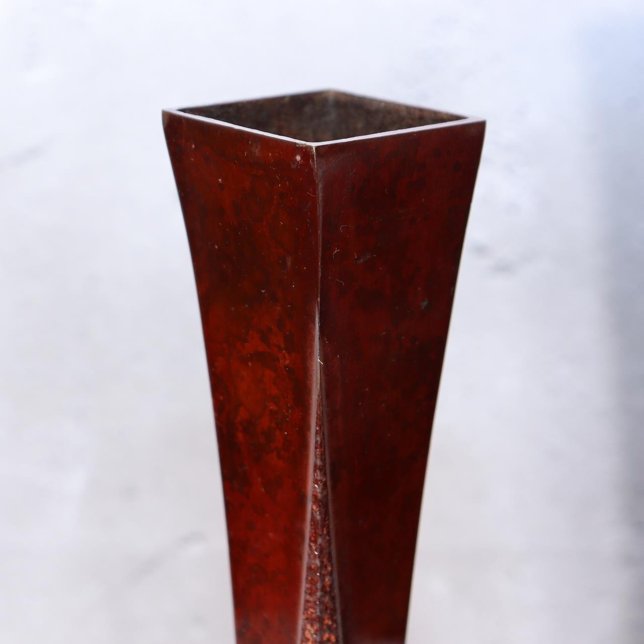 Japanese Bronze Twisted Vase Geometric Square Column Heavy Studio Ikebana Vessel13