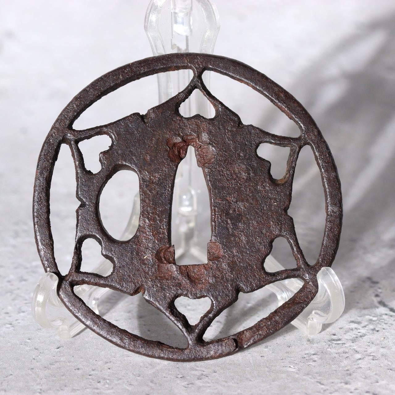 Antique Sukashi Tsuba: Iron Body Boar's Eye Heart Motifs Muromachi Edo Period0
