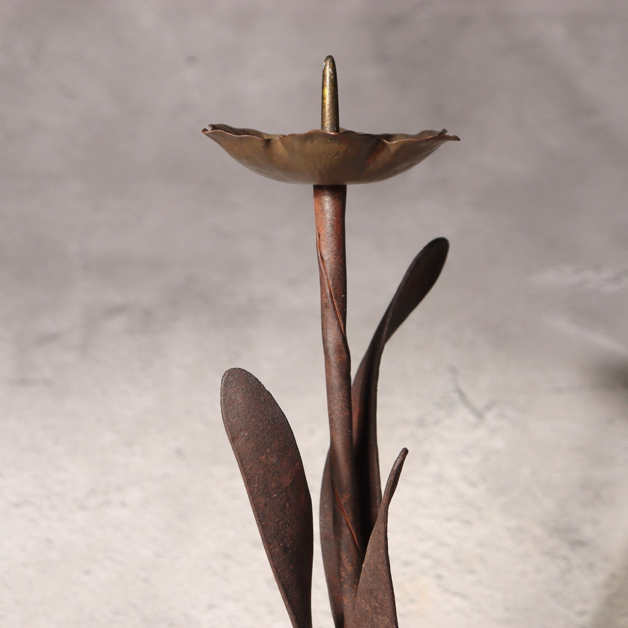 Japanese Antique Candle Stand Teshoku Iron Copper Narcissus Flower Rustic BV71710