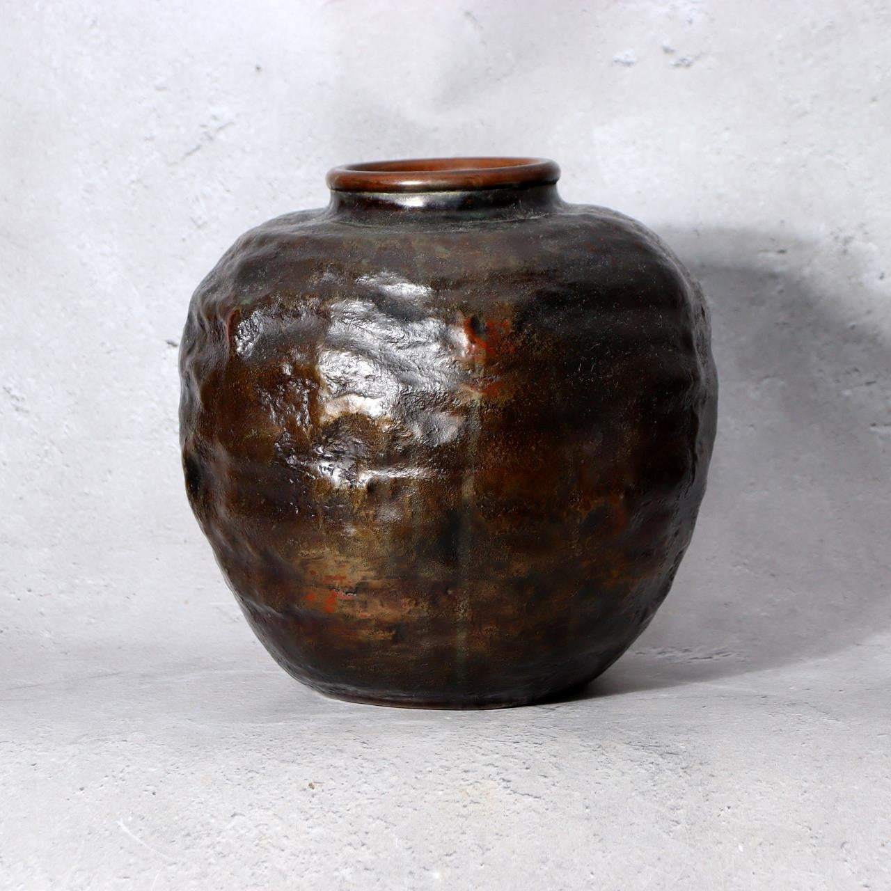 Japanese Mottled Purple Bronze Vase Hanshidou Artisan Signed 16.5cm BV7351
