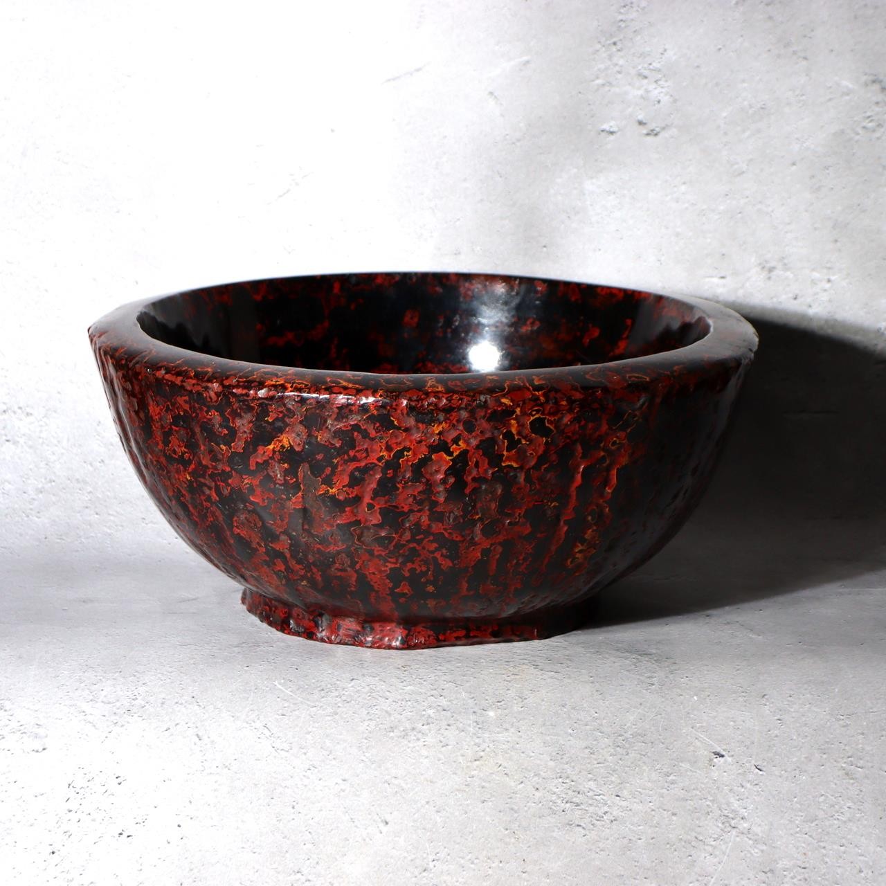 Vintage Large Japanese Aizu Lacquerware Wood Bowl  Mottled Red & Black 29cm4